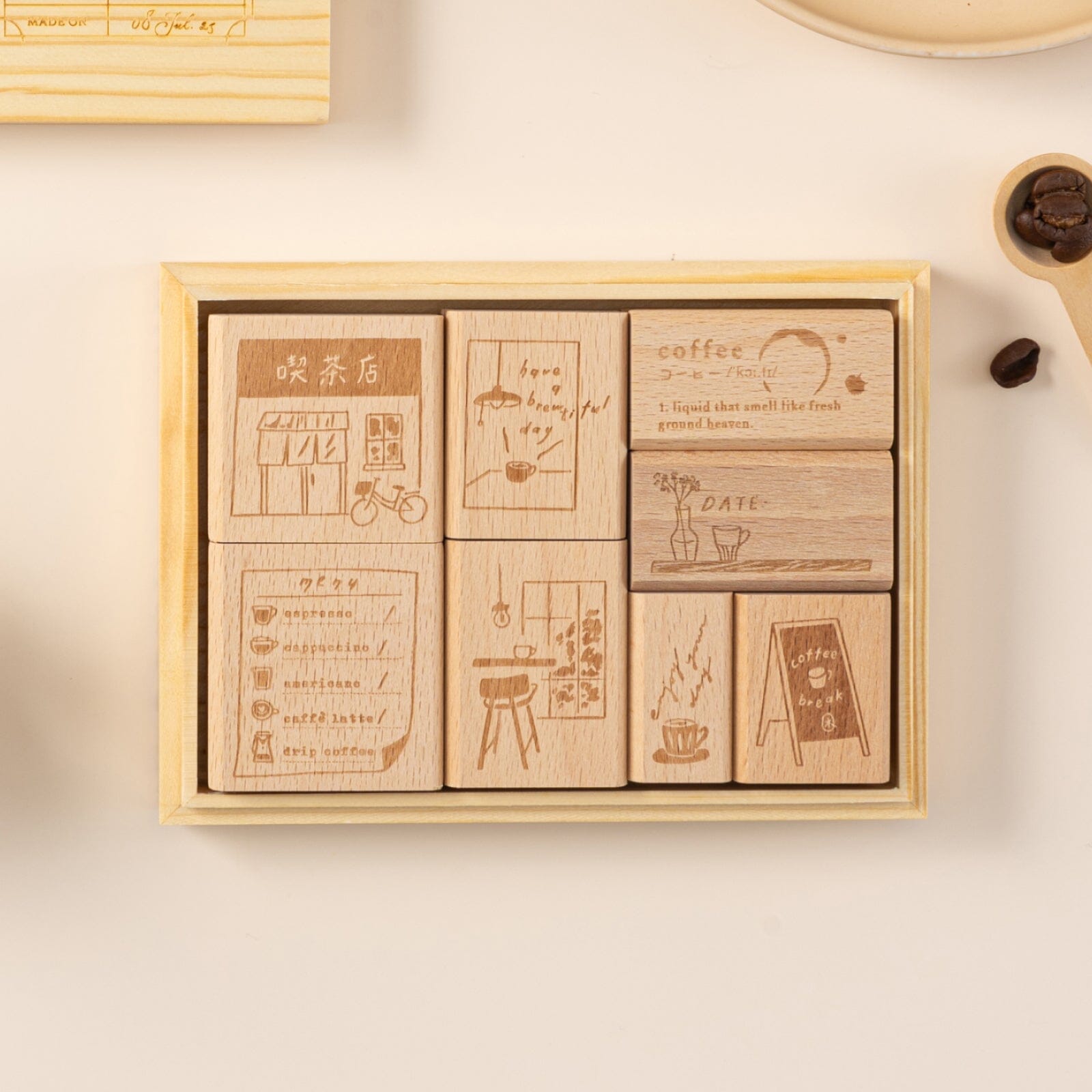 Hinoki - 'Into the Cafe' Engraved Wooden Stamps Set