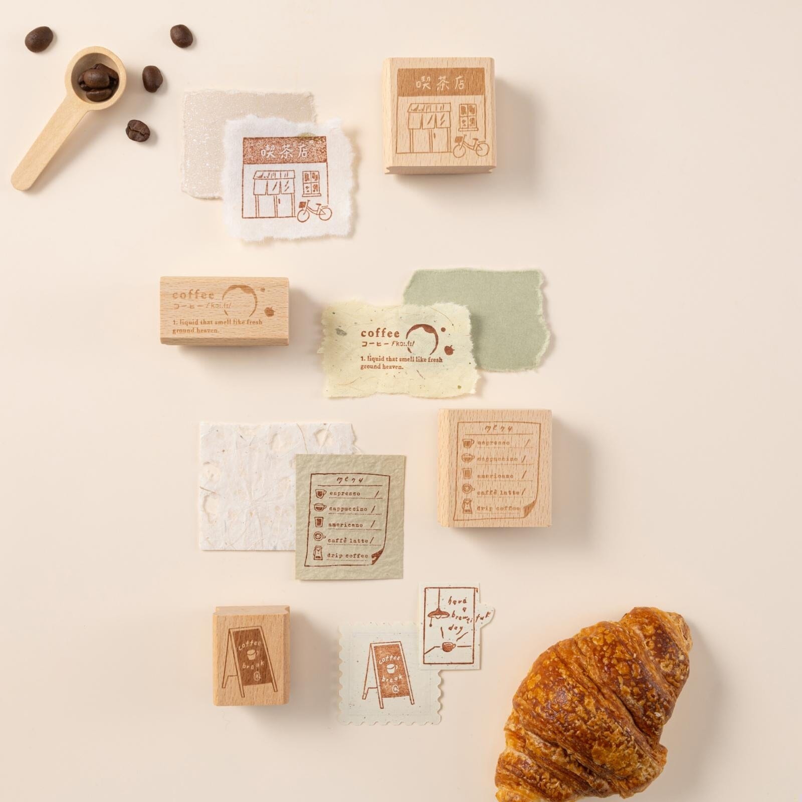 Hinoki - 'Into the Cafe' Engraved Wooden Stamps Set