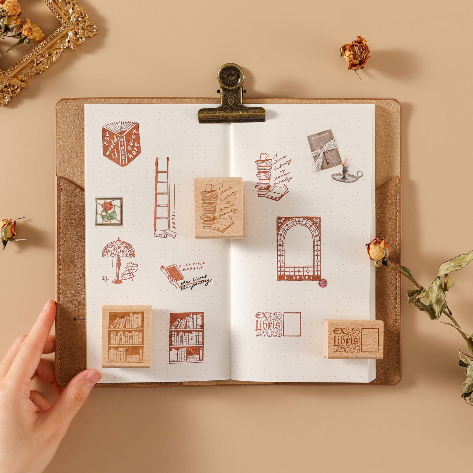 Hinoki - 'Into the Library' Engraved Wooden Stamp Set