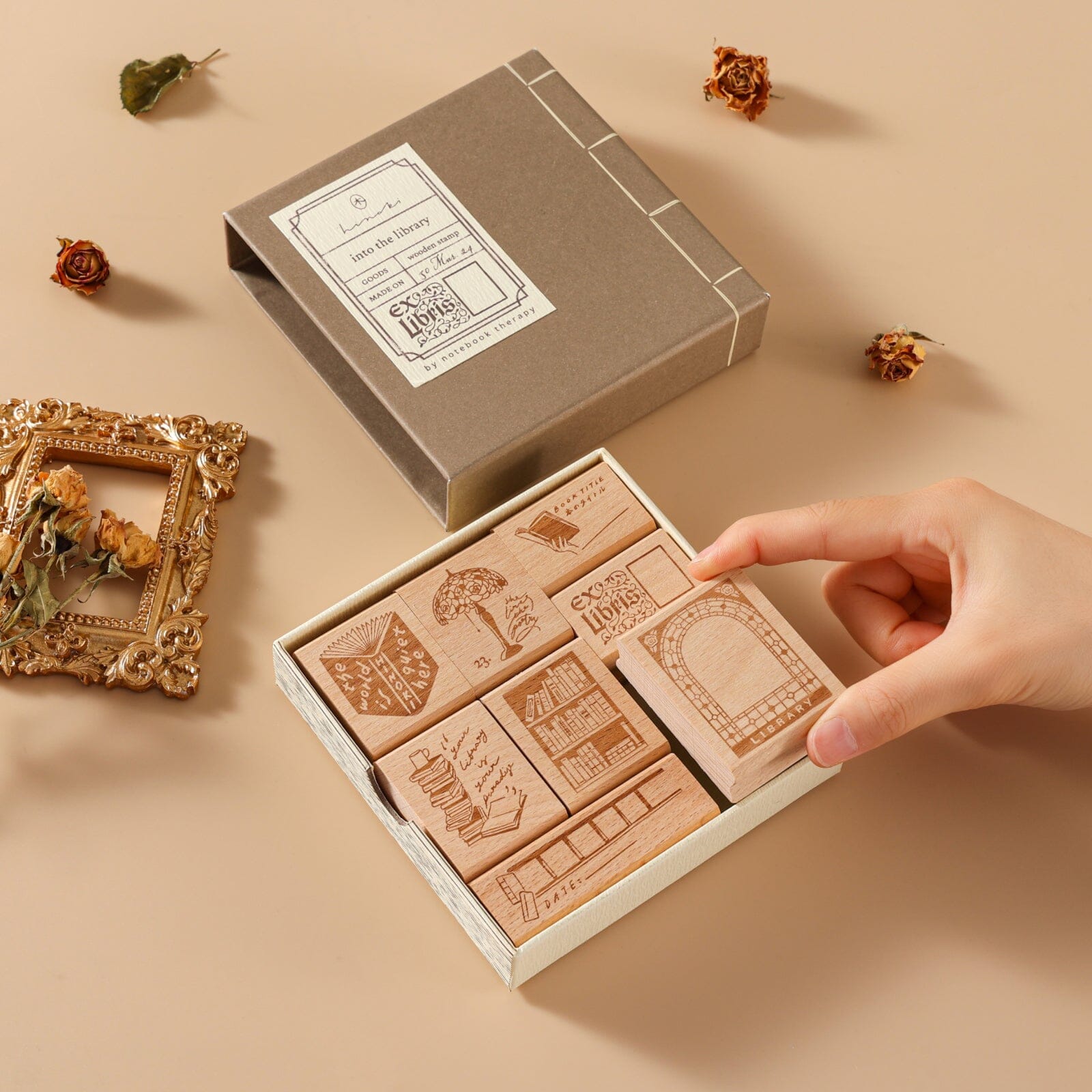 Hinoki - 'Into the Library' Engraved Wooden Stamp Set
