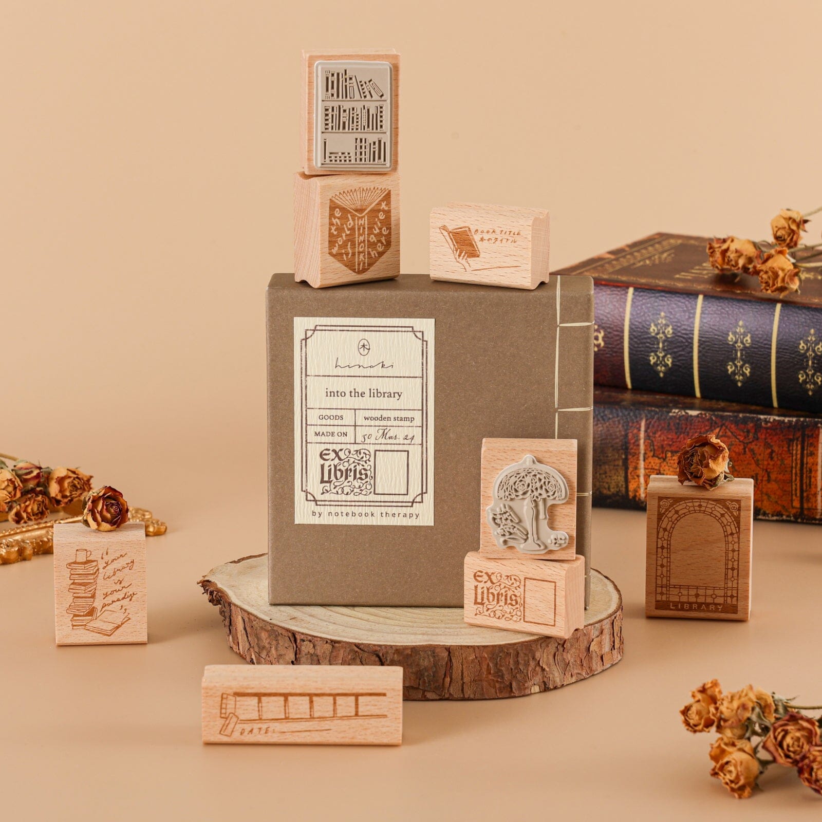 Hinoki - 'Into the Library' Engraved Wooden Stamp Set