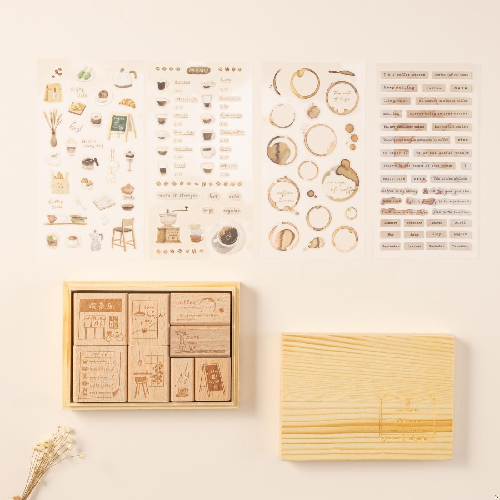 Hinoki - 'Into the Cafe' Engraved Wooden Stamps Set