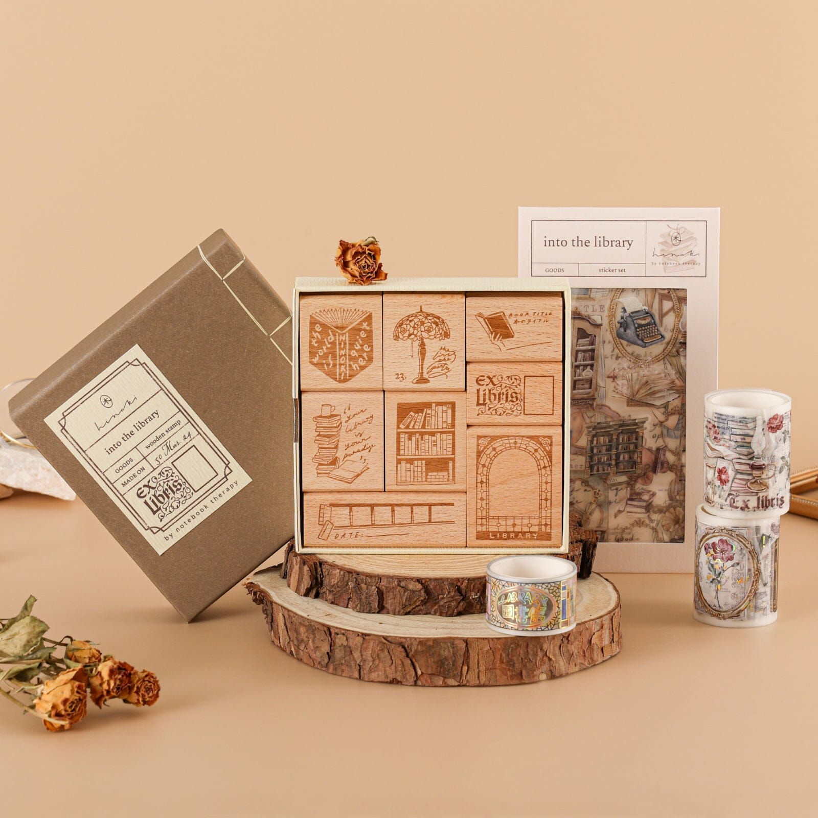 Hinoki - 'Into the Library' Engraved Wooden Stamp Set